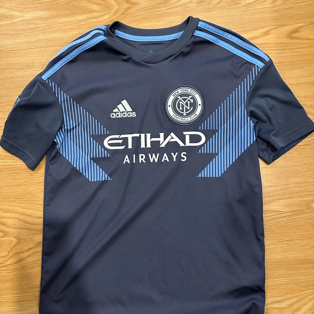 Adidas Dark Blue Soccer Jersey with Light Blue Stripes